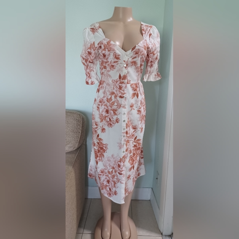 Cotton Floral Button From Midi Dress Puff Ruched Sleeve Cottagecore